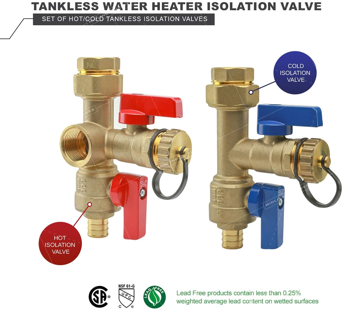 Midline Valve Tankless Water Heater Kit- Set of 2 Heavy Duty Hot and Cold Isolation Valves with Cleanouts, Lead-Free, Full Port, Water Shut-off, Forged Brass, 3/4 in. Pex Connections