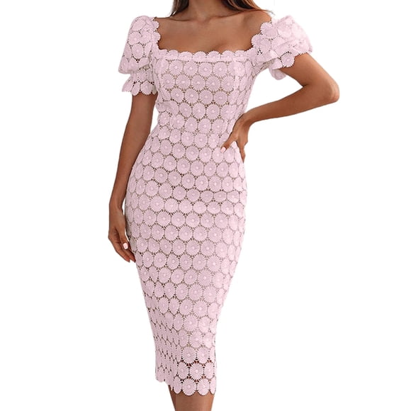 WTXUE Workwear, Knit Dresses Short Sleeve Work Crew Neck, Lace Dress Elegant Business Ladies Ol Dress Party Midi Dress Solid Mid-Length Women, Red Size L
