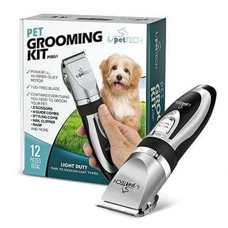 Pets Complete Set PetTech Professional Dog Grooming Kit - Rechargeable, Cordless Pet Grooming Clippers & Complete Set of Dog Grooming Tools. Low Noise & Suitable for Dogs, Cats and Other Pets (Chrome) ()