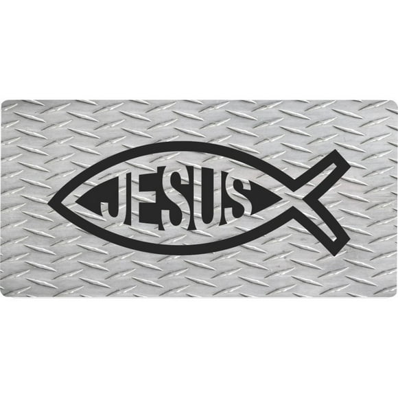 Jesus Fish On Diamond Plate Photo License Plate