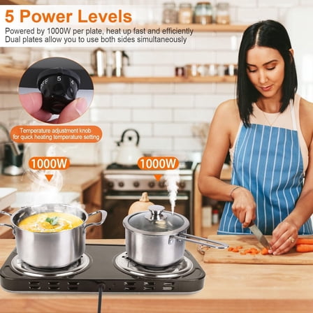 Hot Plate, 2000W Portable Electric Stove for Cooking with 5 Levels Adjustable Temperature & Dual Control, Countertop Double Coil Burner Cast Iron Cooktop for All Cookwares Home Camp RV (Black)