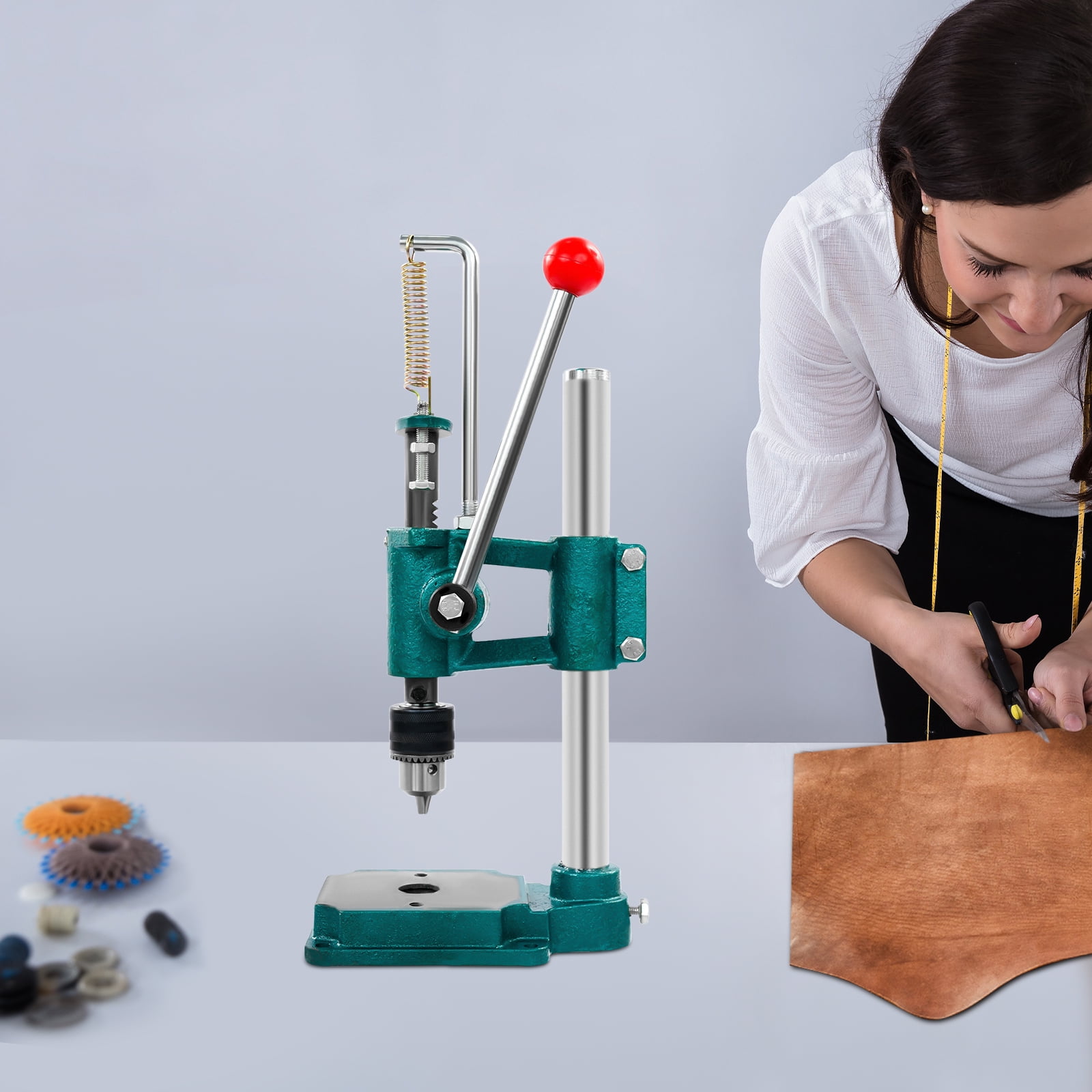 Peakora Leather Hole Puncher 352 Lbs Manual Press Puncher Heavy Duty Hand Punching Machine for DIY Leather Craft Punching Holes with 0.06-0.5in Clamping Chuck Green and Silver