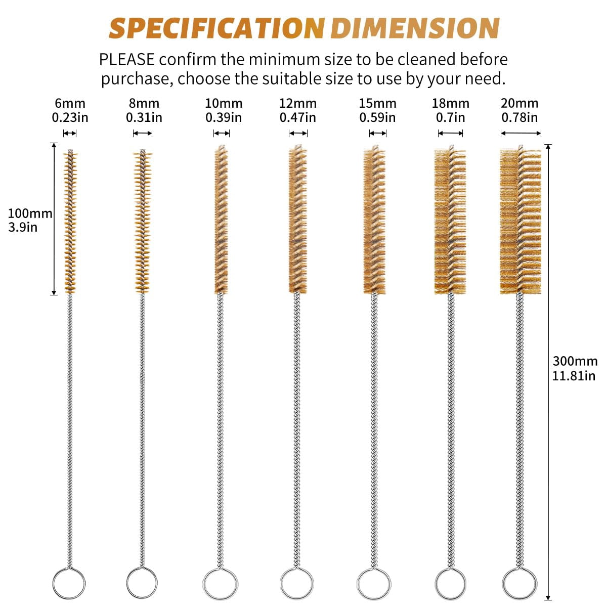 7-Pieces Brass Wire Bottle Brush Brass Pipe Cleaner, 12 Inch Long Wire Brushes for Cleaning Metal, Tubes, Bottle, Auto Parts (6mm/8mm/10mm/12mm/15mm/18mm/20mm)