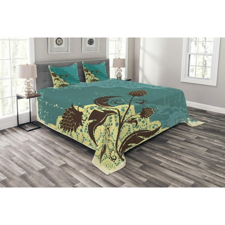 Antique Bedsteads Vintage Bedspread Set, Flower Arrangement Lacework Old Aged Distressed Antique Display, Decorative Quilted Coverlet Set with Pillow Shams Included, Teal Pale Yellow Dark Brown, by Ambesonne ()