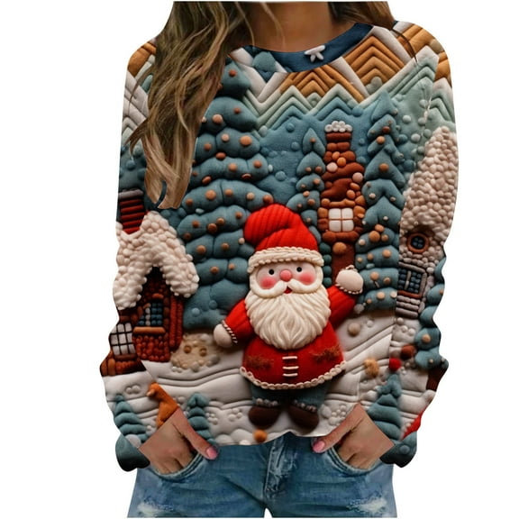 Atogsazn Womens Christmas Sweatshirt Casual Long Sleeve Pullover Sweaters Loose Fit Tops Outfit Outerwear Blue M Fashion