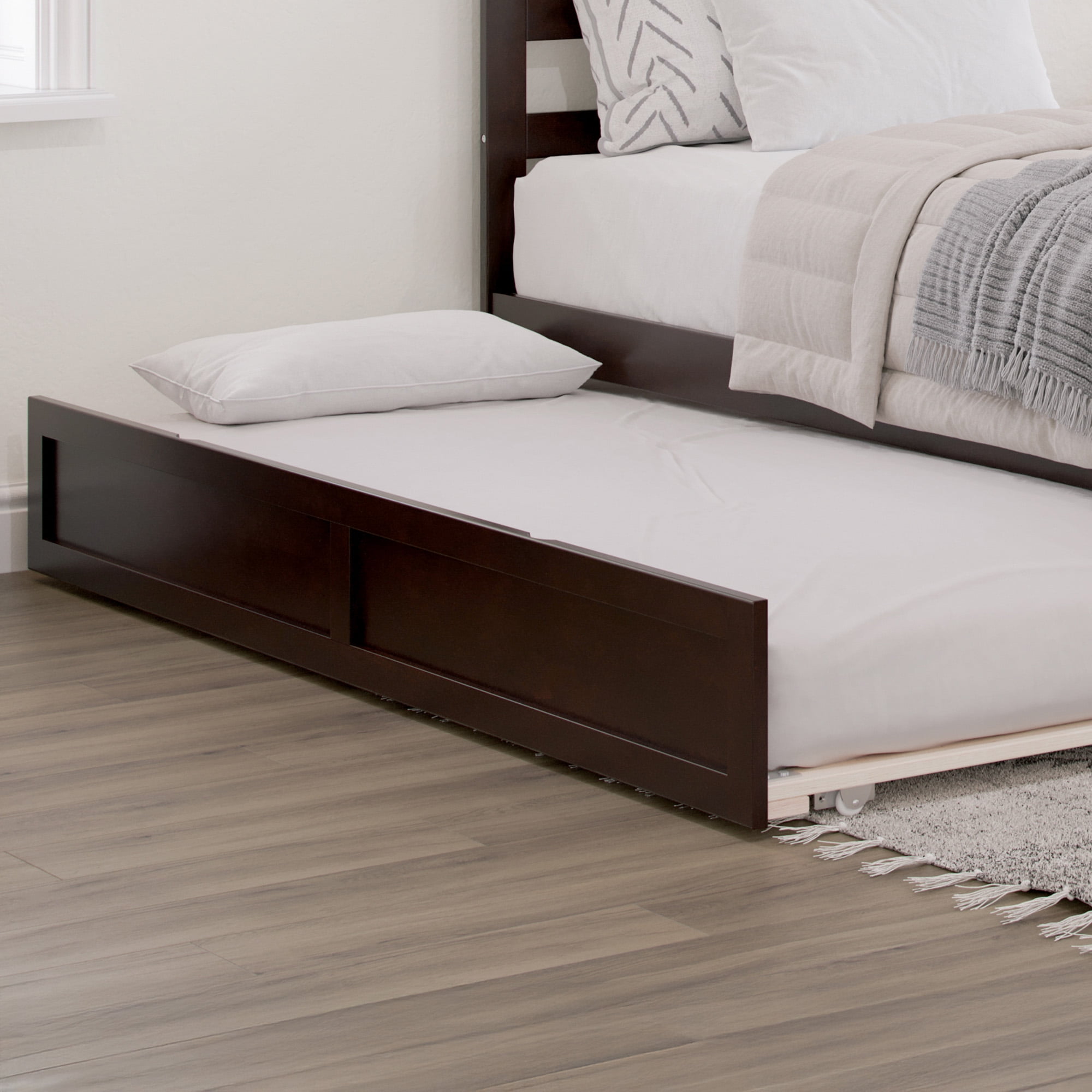 AFI Twin-XL Roll Out Wood Trundle Bed Frame with Wooden Slat Supports, Espresso