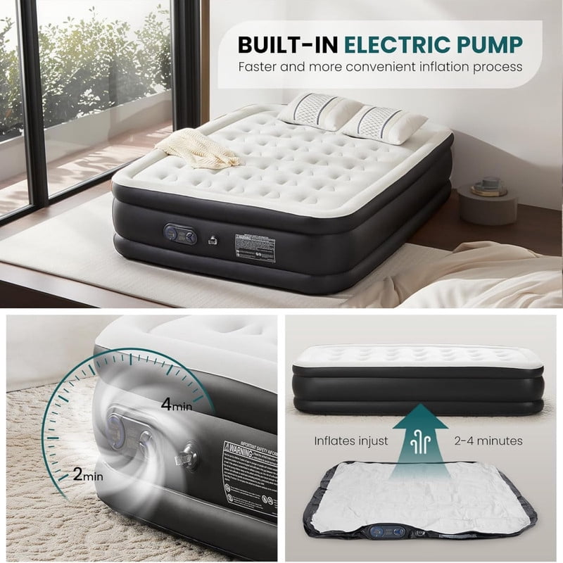 Kelno 22" Queen Air Mattress with Built in Pump Quick Inflate Deflate Airbed for Home Camping, Black