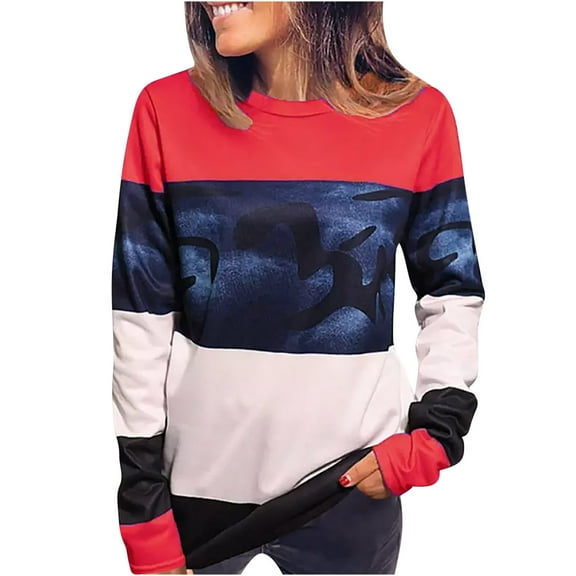 AKOEE Polyester Tops Womens Long Sleeve Lightweight Striped Colorblock Sweatshirts Crewneck Casual Plus Size Shirt (XL, Red)