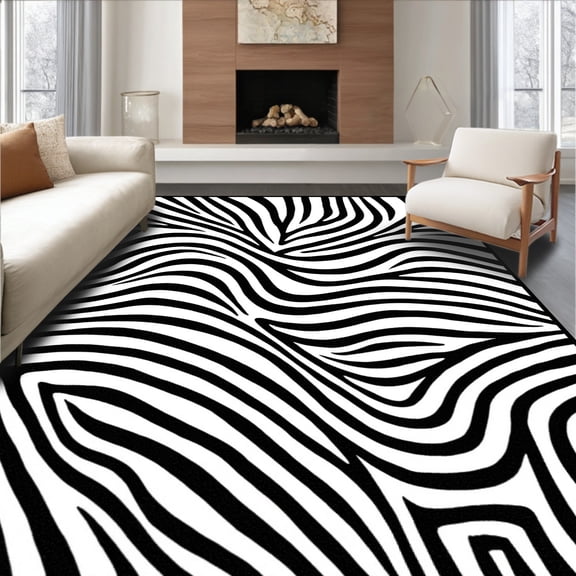 ODIKA 4'x6' Machine Washable Non-Slip Area Rug, Elegant Zebra Design Refined Stripes High Traffic Rug, Black, 311487
