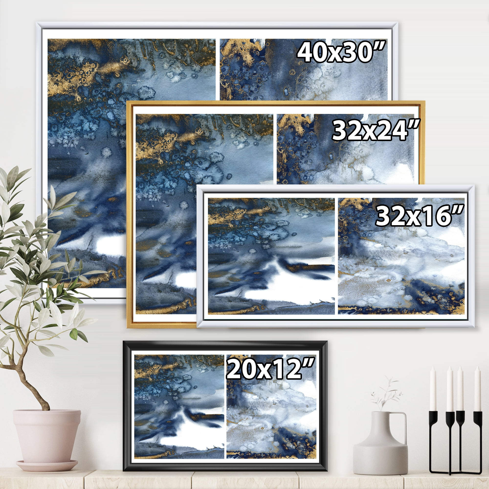 Designart 'Gold and Dark Blue Abstract Waves IV' Modern Framed Canvas Wall Art Print