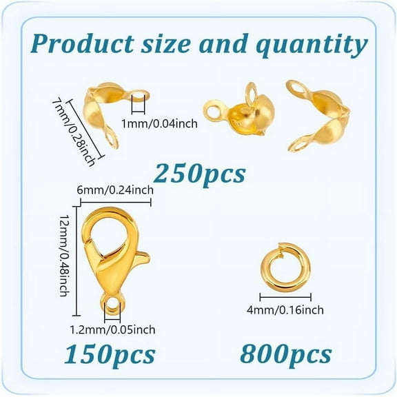 1set Zinc Alloy Lobster Claw Clasps & Brass End Bead Tips & Jump Rings Findings Kits Golden 4~12x0.8~6mm