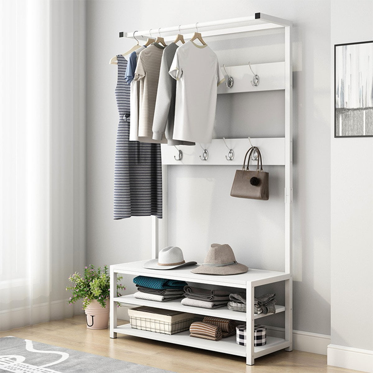 White Hododou Coat Rack Stand Versatile Hall Tree Storage Rack Coat Rack with Shoe Rack Home Office Hallway Bedroom 155CM 