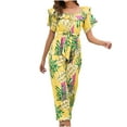 thumbnail image 2 of Usmixi Jumpsuits for Women Dressy Beach Vacation Elastic Waist off Shoulder Jumpsuits Overalls with Tie Summer Square Neck Short Sleeve Leaves Print Long Formal Rompers Yellow m, 2 of 6