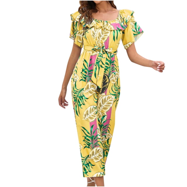 Penkiiy Combinaisons pour Femmes Mode Décontractée Imprimée Volants Bretelles une Épaule Combinaison à Lacets Pantalon Grand Jaune m Combinaisons