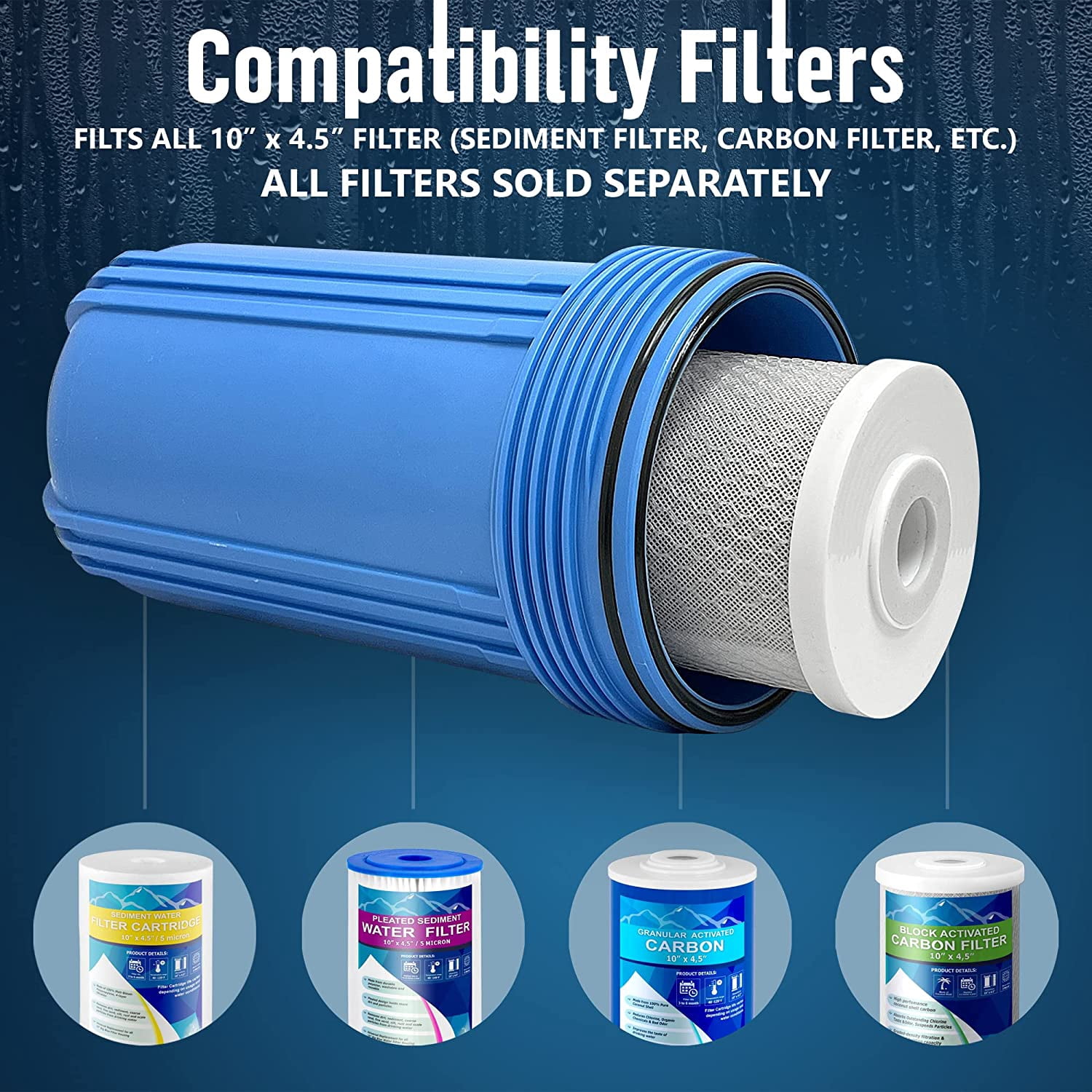 High Capacity 10 x 4.5 Whole House Filter Purifier System for Well or City Water, Presser Relief Button, 1 NPT Brass Port, Double O-ring, Meets NSF Standards & Regulations (Blue, 4 Sets)