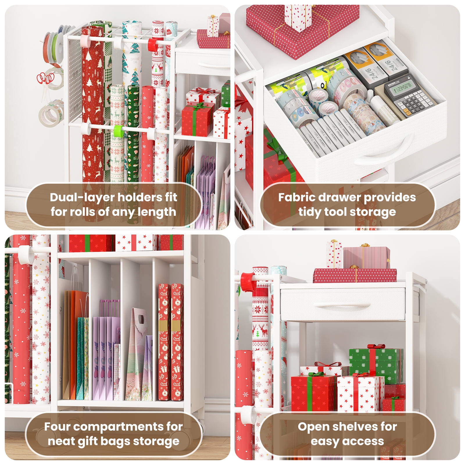 Advwin Gift Wrapping Paper Storage Cart with Drawer, Rolling Gift Wrap Station with Ribbon & Gift Bage Storage, Multi-purpose Craft Organizer Rack for Home, Office, School or Gift Shop, White