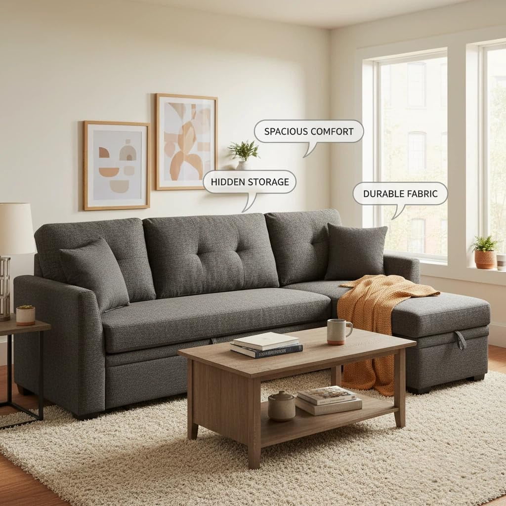 Howcool Sectional Sleeper Sofa with Pull Out Bed, 76.5"L Shape Convertible Linen Couch with Storage Chaise, 2 in 1 Pull Out Sofa Bed with 2 Seats, for Living Room, Apartment, Charcoal Black