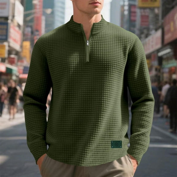 gbyLJF Men's Quarter Zip Pullover Casual Long Sleeve Base Layer Loose Comfy Small Checkered Jacquard Stand Up Collar Top