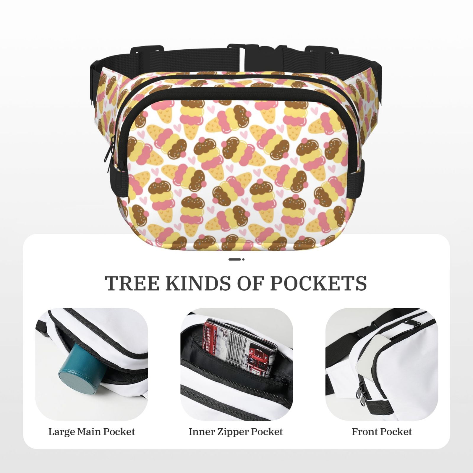 Picia Cute Ice Cream Print Square Double-Layer Waist Bag Mini Adjustable Waist Belt Bag Exercise Running Travel Hiking