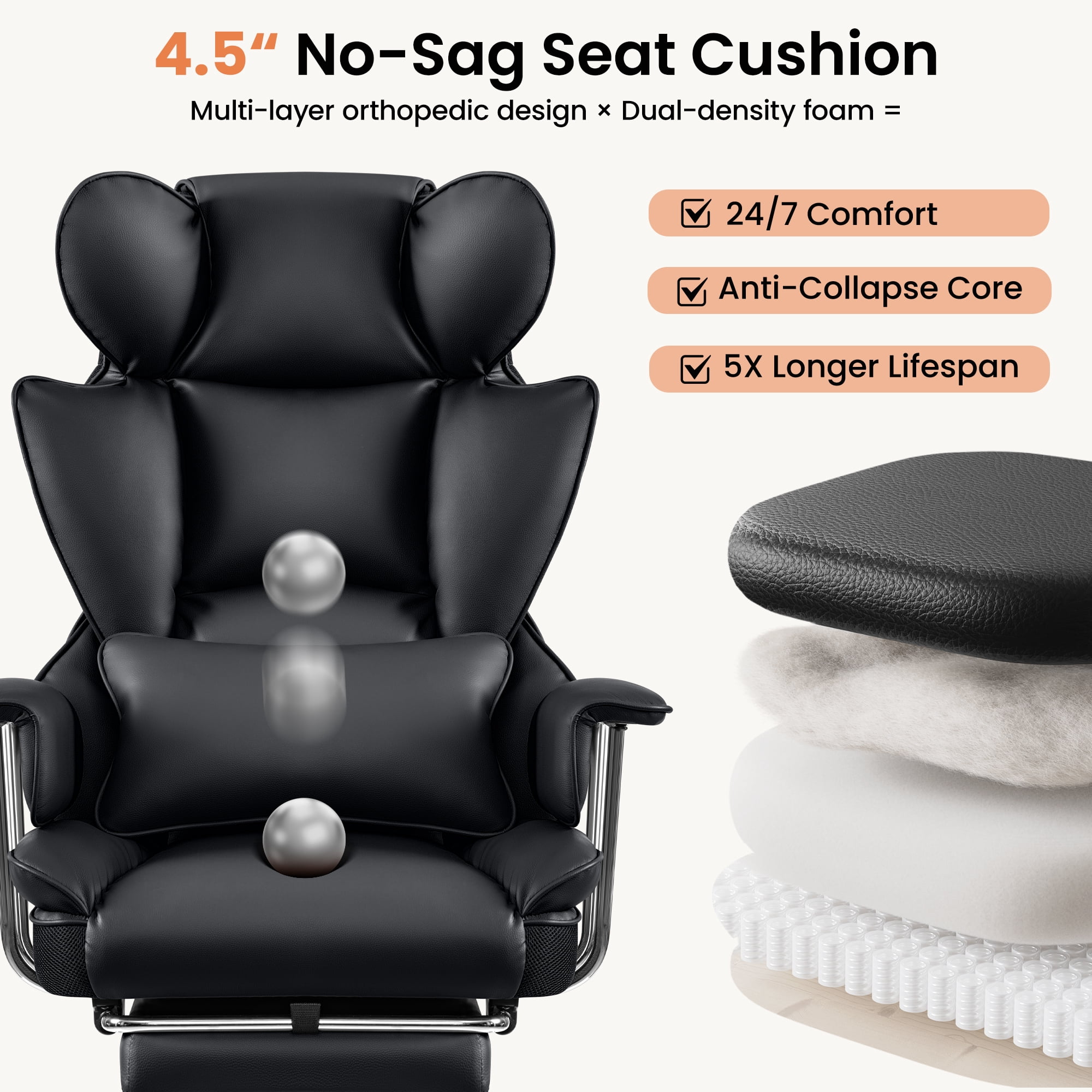 Primy High Back Office Chair, Big and Tall PU Leather Executive Chair with Footrest – Ergonomic Reclining Computer Desk Chair, High-Density Foam, Heavy Duty Swivel Rolling Chair, Black