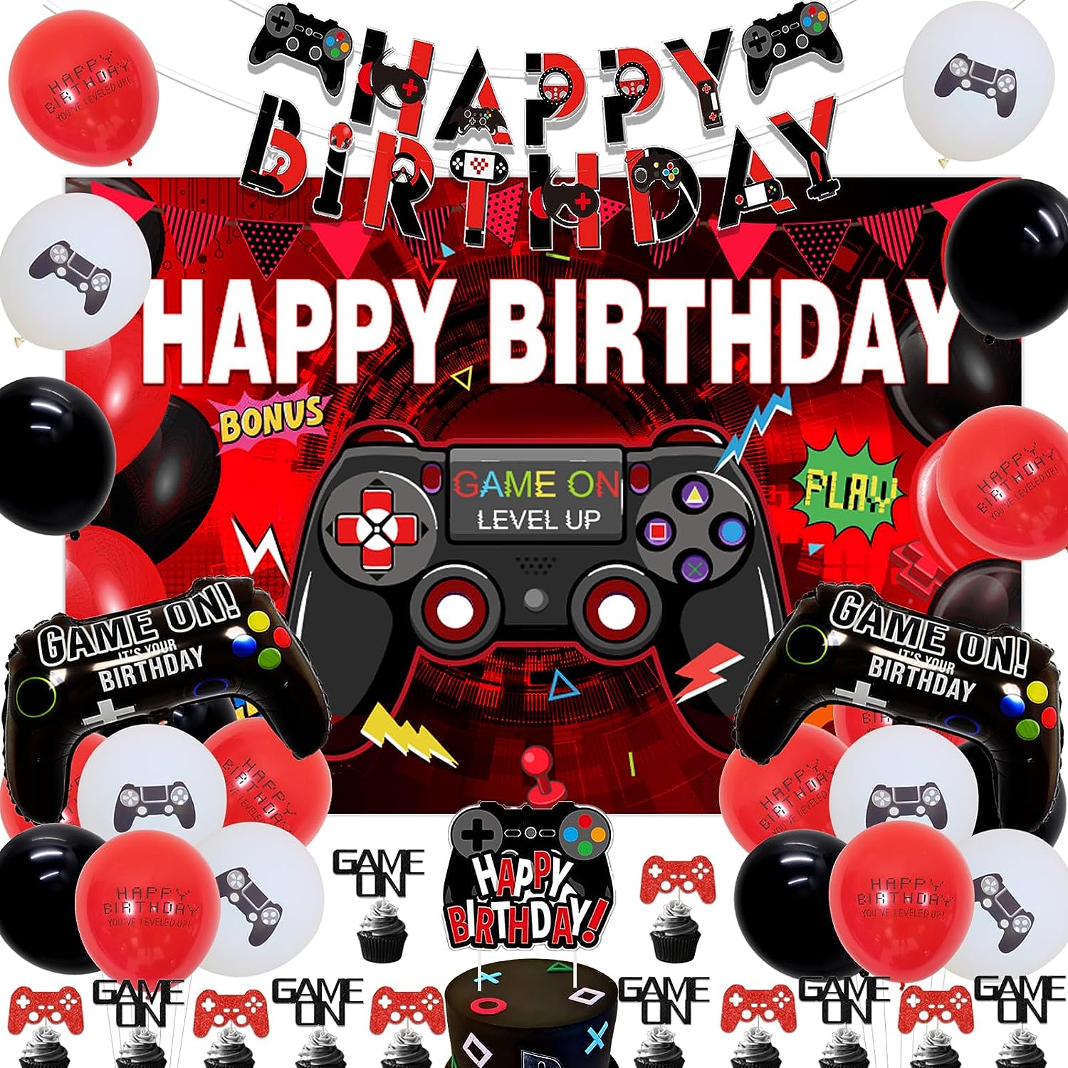 Video Game Birthday Party Decorations Red and Black Gamer Game on