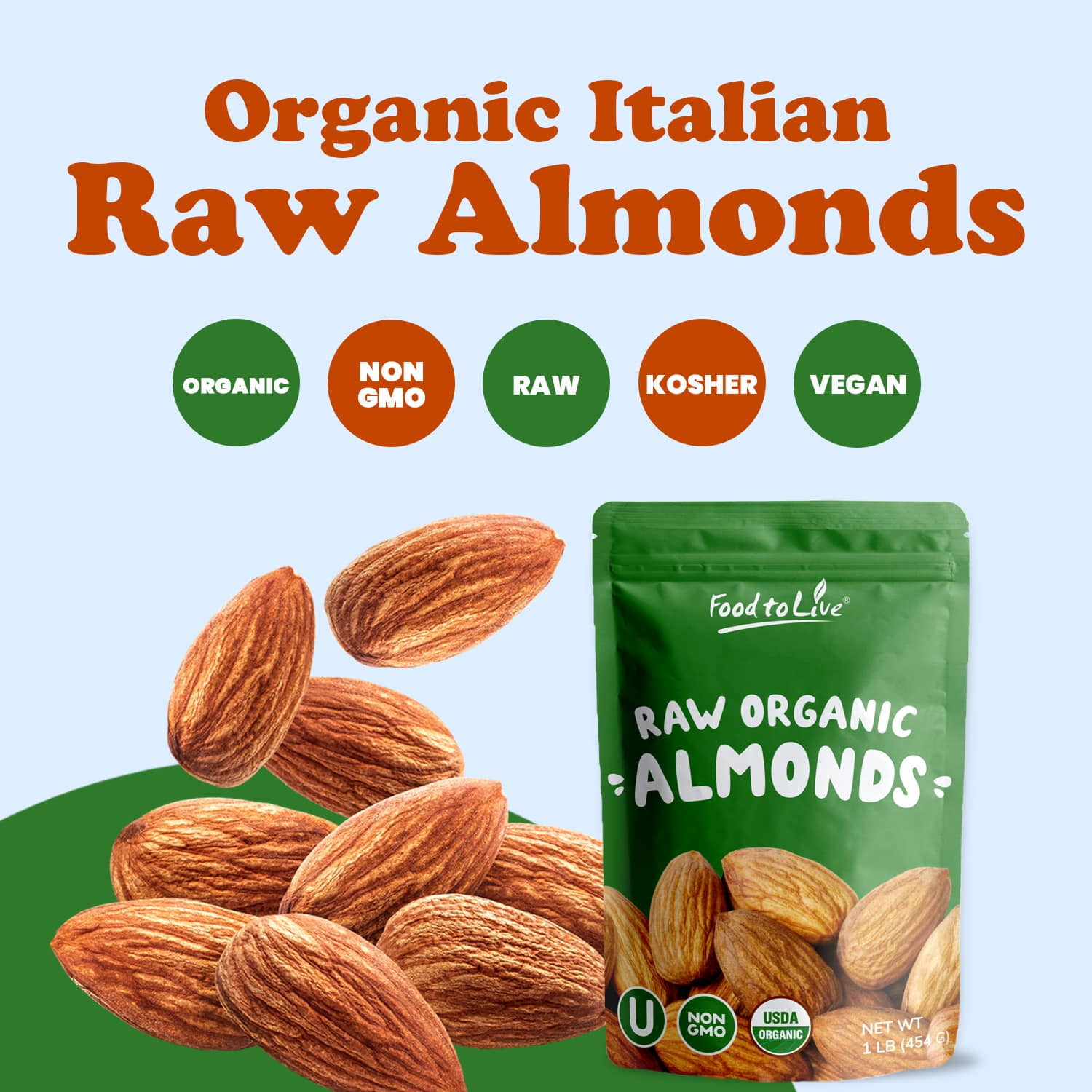 Organic Imported Raw Almonds, 12 Pounds - Non-GMO, Kosher, No Shell, Whole, Unpasteurized, Unsalted, Raw, Vegan - by Food to Live