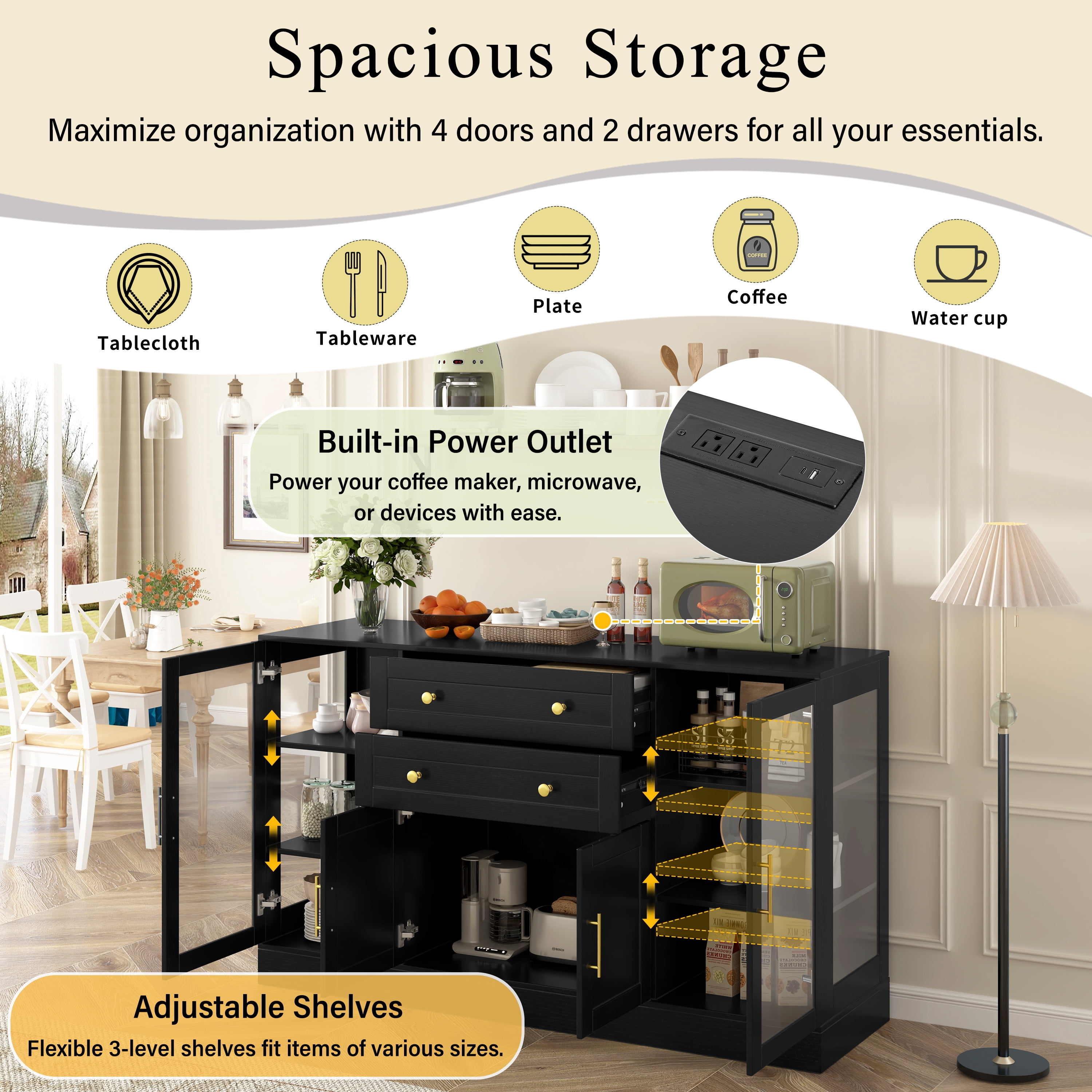 Euroco 58.3" Sideboard Buffet Cabinet with 2 Drawers, Modern Coffee Bar with Adjustable Shelves, Power Outlet & 4 Doors,Credenza Storage Cabinet for Dining Room, Living Room,Black