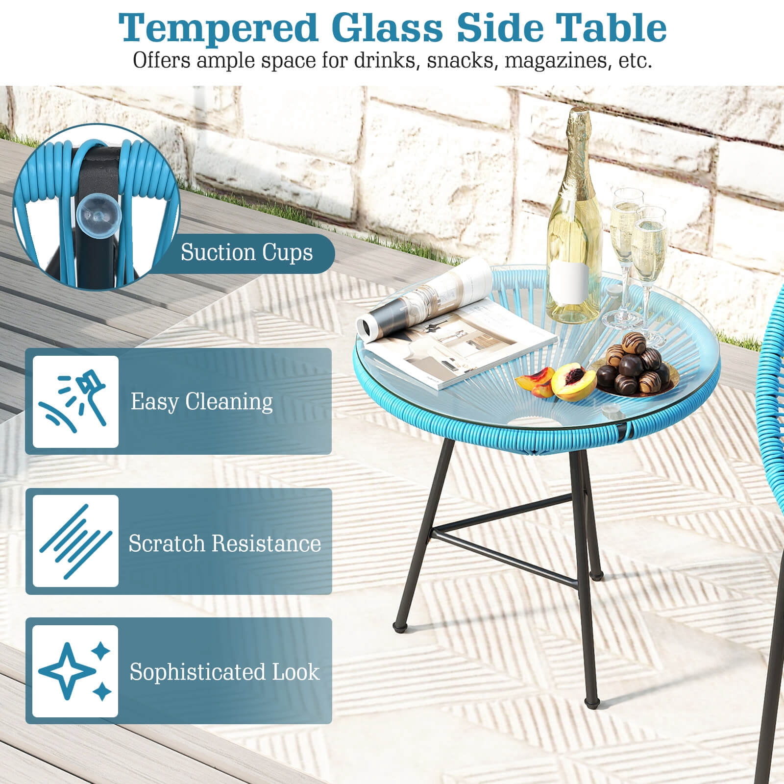 Costway 3PCS Patio Acapulco Furniture Bistro Set Plastic Rope Glass Table Turquoise