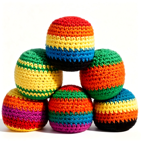 Footbag Sack for Kick Ball | 6PCS Assorted Foot Bag Crochet Hacky for Adults | Juggling Balls for Beginners | Multicolored Geometric Pattern | Handmade Sack Race Bags
