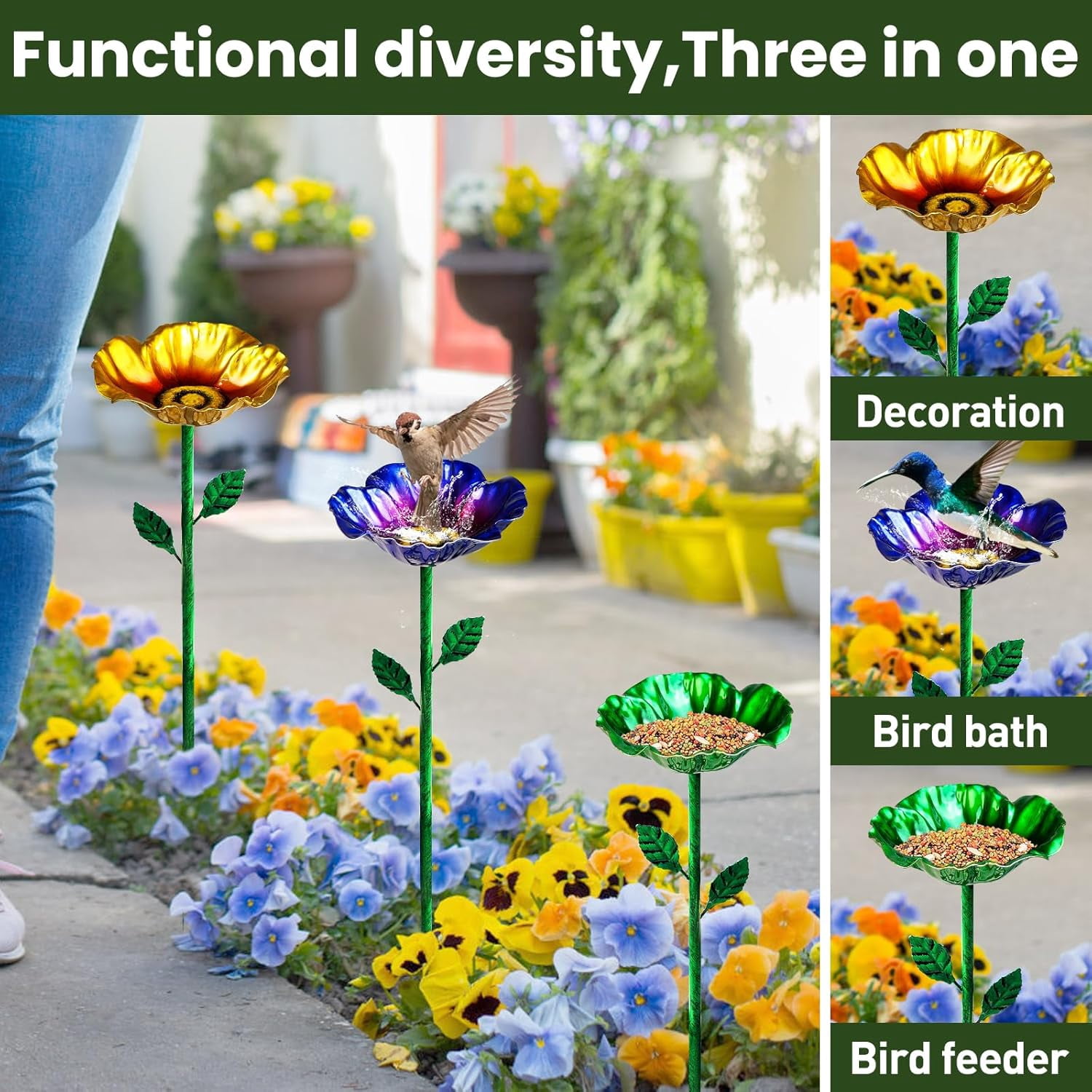 Metal Bird Baths for Outdoors, Garden Bird Bath & Bird Feeders with Metal Stake, Hummingbird Feeder for Outdoor Garden Yard Lawn Decor