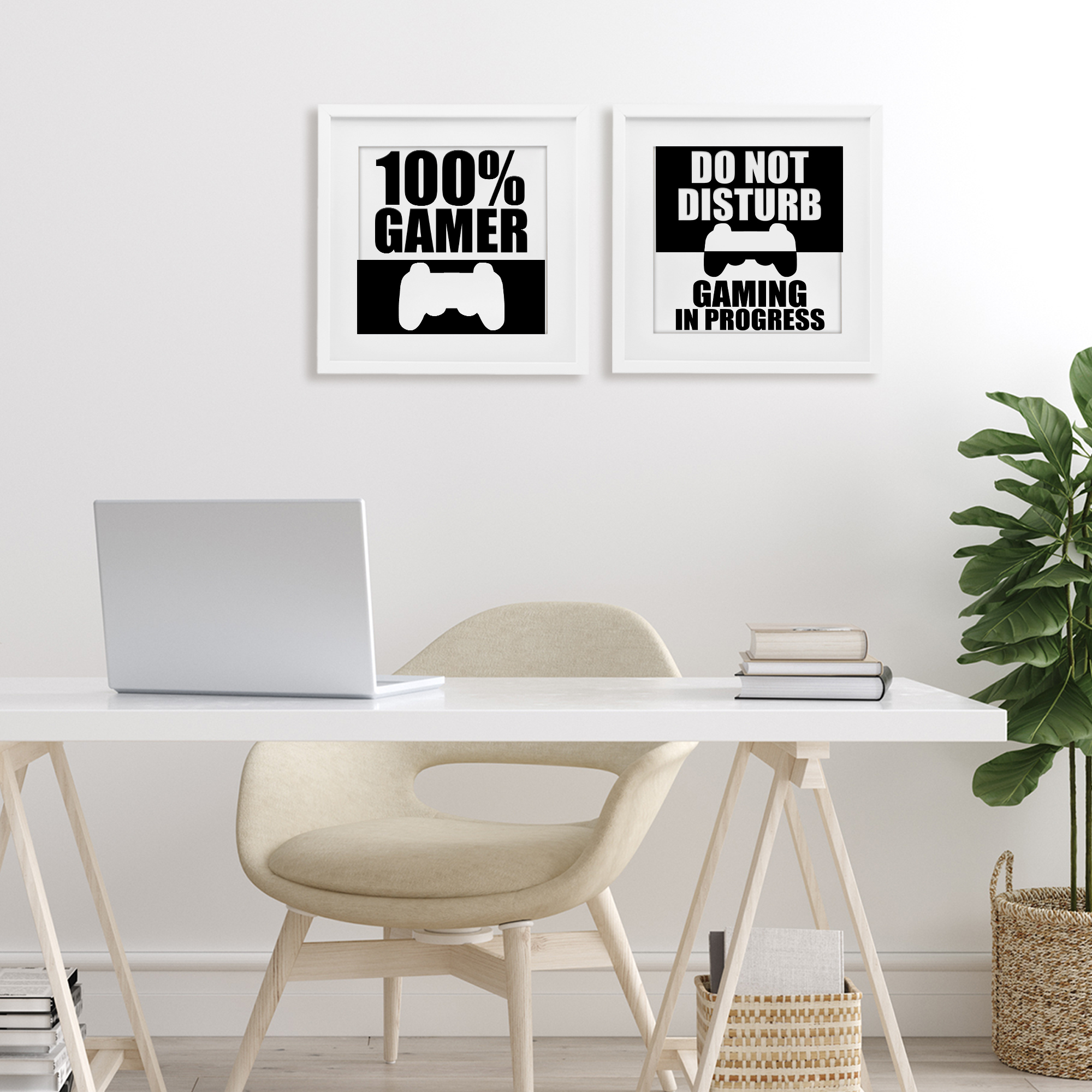 Competitive Gamer Black & White 2 Piece White Framed Print Under Glass Set, design by Kim Allen