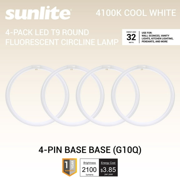 Sunlite 41858 FC12T9/CW T9 Round Fluorescent Circline Lamp, 32 Watts, 2100 Lumens, 4100K Cool White, RoHS Compliant, G10Q 4-Pin Base, 4 Pack