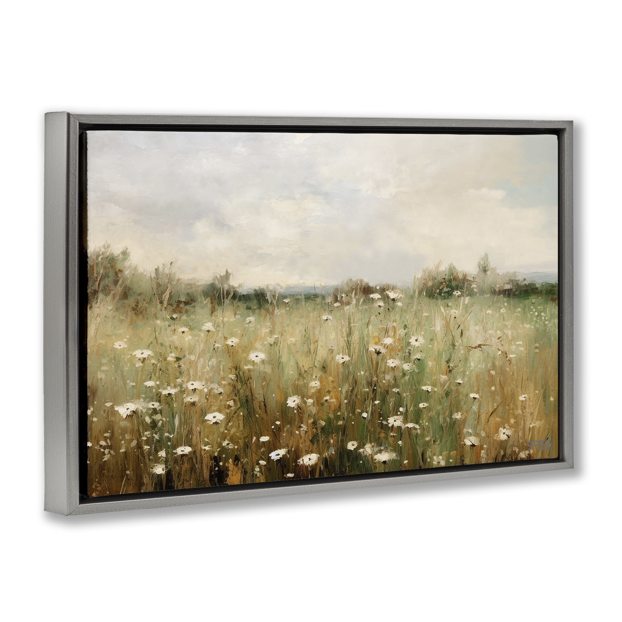 Stupell Industries Country Daisy Field Landscape Painting Gray Floater Framed Art Print Wall Art, 25 x 17