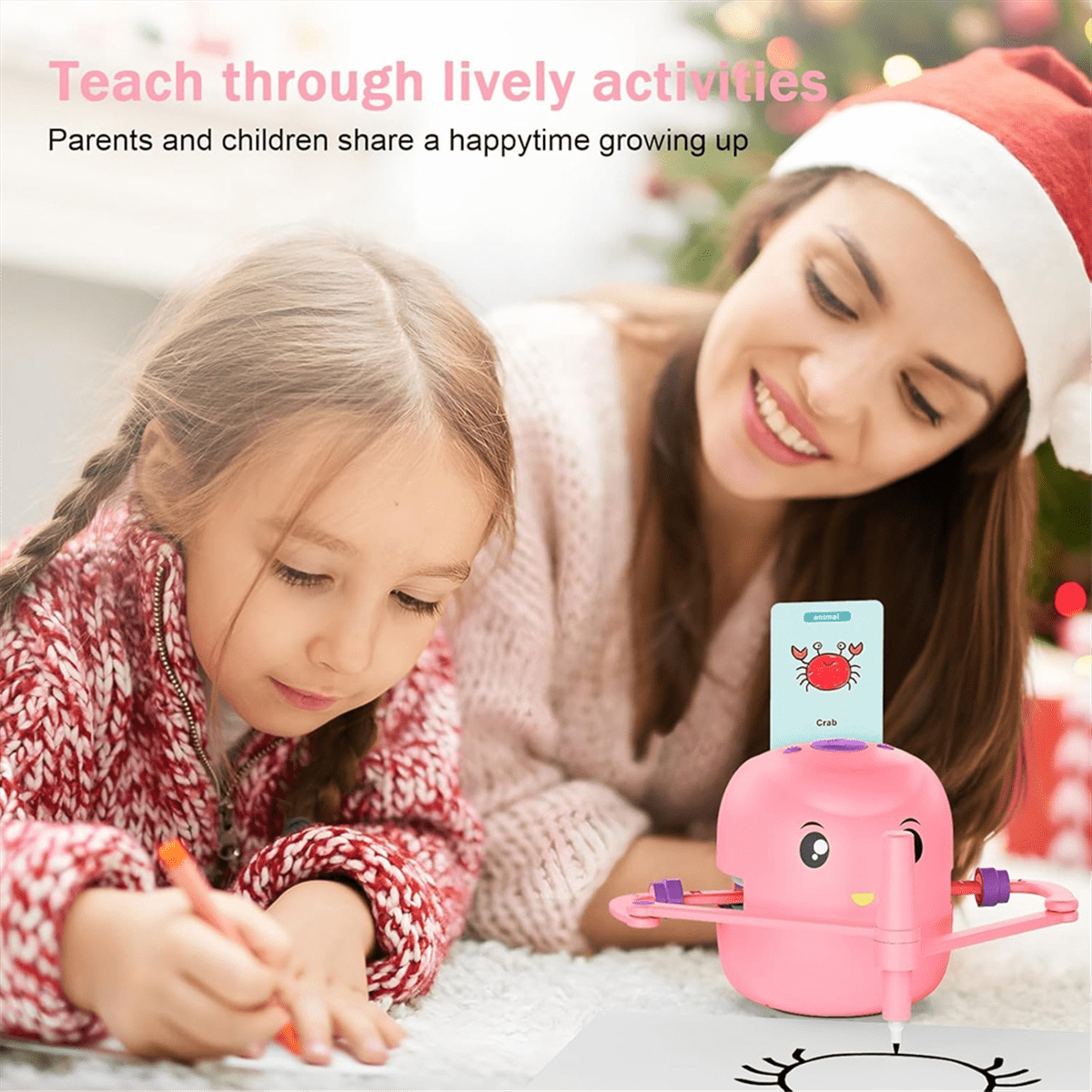 Children'S Intelligent Painting Robot, an Ideal Gift for Children over 5 Years Old,Pink,1 * drawing robot 16 * colored pens 100 * word cards,Pink
