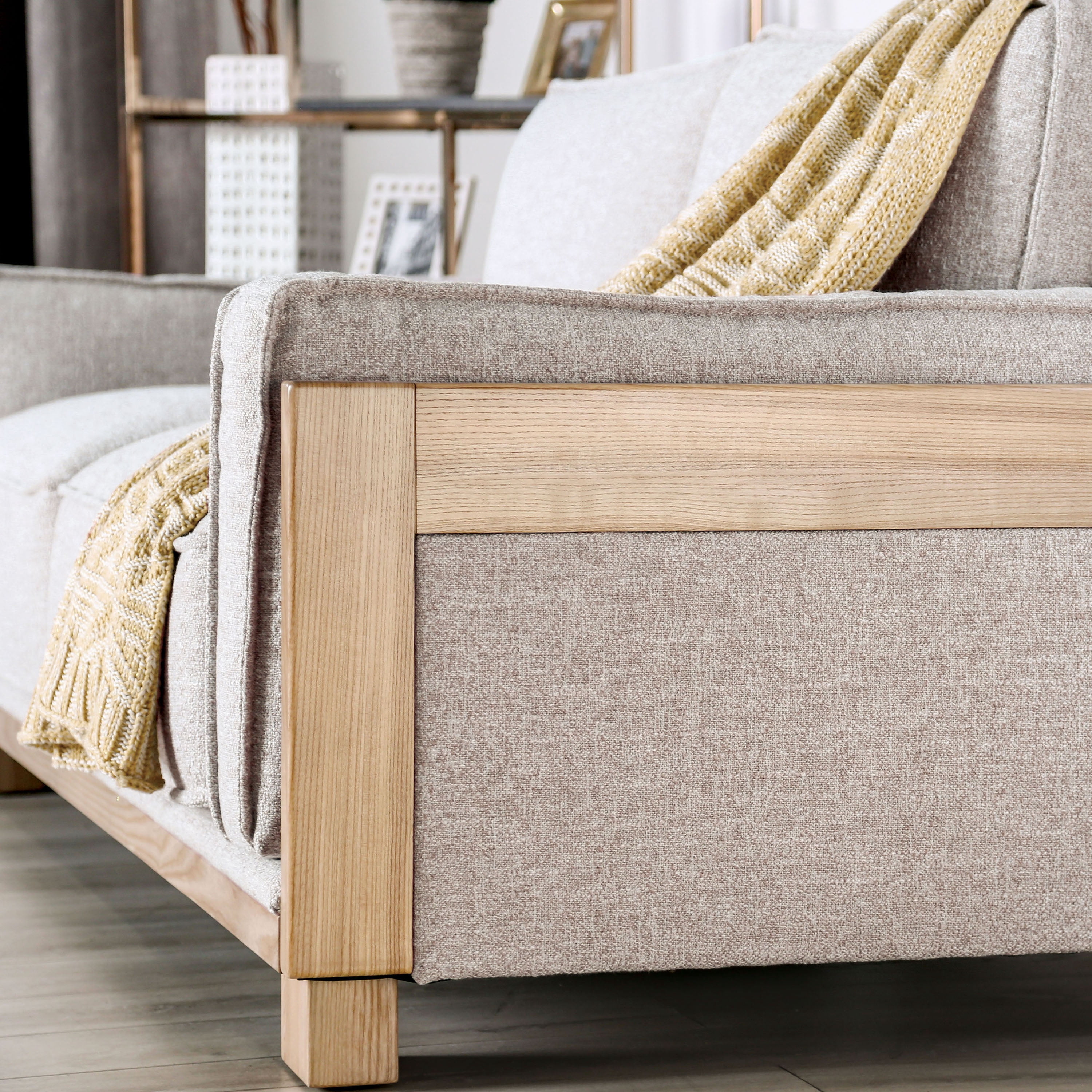 Furniture of America Gulver Modern Adult Upholstered Fabric Sofa, Light Brown and Natural
