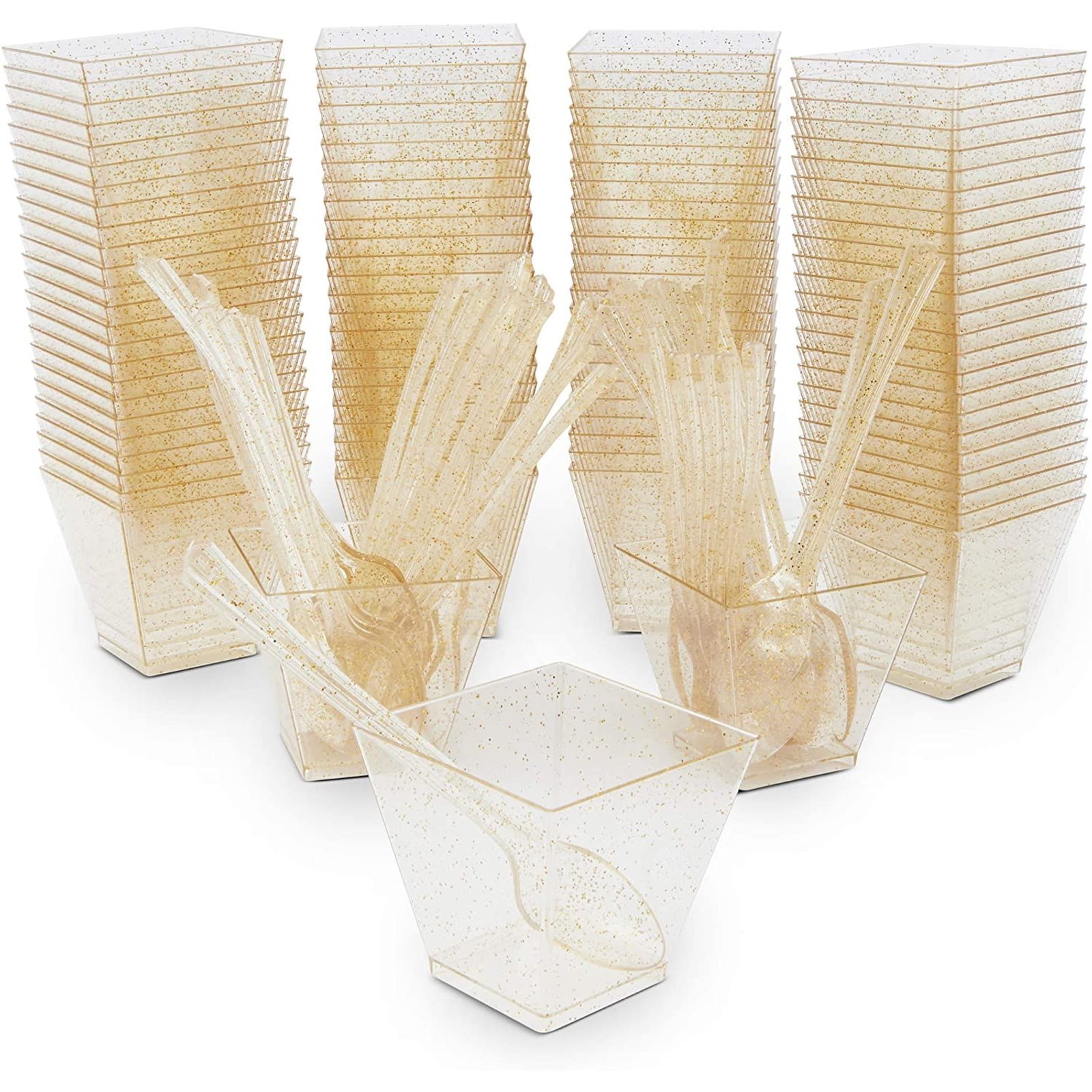 Serves 100 Gold Glitter 2 oz Square Mini Plastic Dessert Cups with Spoons, Disposable Reusable Elegant Serving Bowl for Tasting Party Event, Appetizers, Parfaits, Puddings, Ice cream, Chocolate
