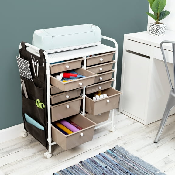 Honey-Can-Do 12-Drawer Metal Rolling Storage Cart with Black Fabric Side Pockets, Beige/White