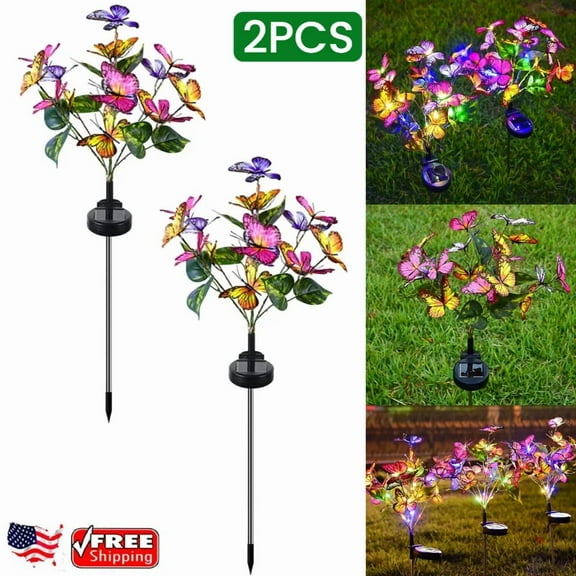 2Pcs Butterfly Solar Stake Lights Outdoor Garden Landscape Lamp Decor Waterproof
