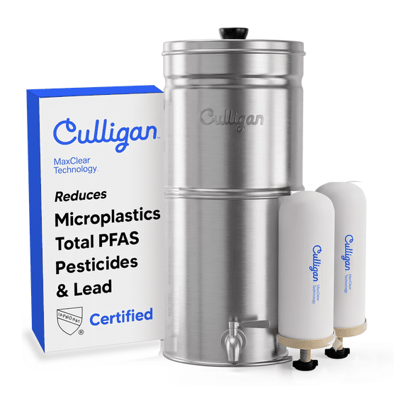 Culligan MaxClear 3 Gallon Gravity Water Filter System, Removes Microplastics, PFAS & Lead, NSF/ANSI Certified, Polished Stainless-Steel Countertop Filter with 2 Ceramic Filters