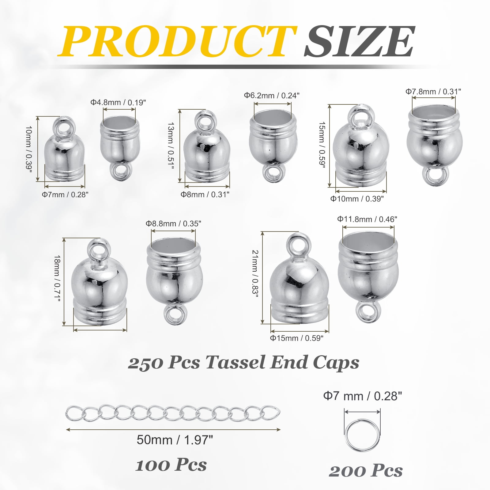 Uxcell 550Pcs Leather Cord End Caps, 4.8 to 11.8mm ID Tassel Barrel End Caps with Extender Chains and Jump Rings for Jewelry Making Findings DIY Bracelet Necklace, White K Tone