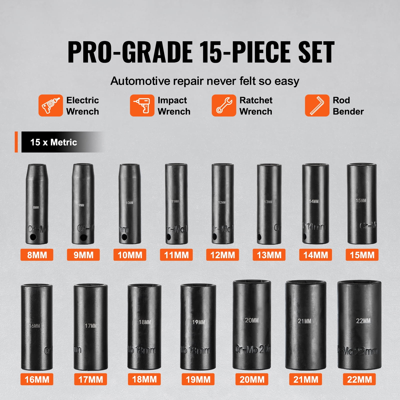 KFFKFF 15-Pc Deep Impact Socket Set, 3/8" Drive, Metric 8-22mm, 6-Point, Cr-Mo Steel, for Vehicle Maintenance, Clear Size Labels, Durable Build, Comes with Case