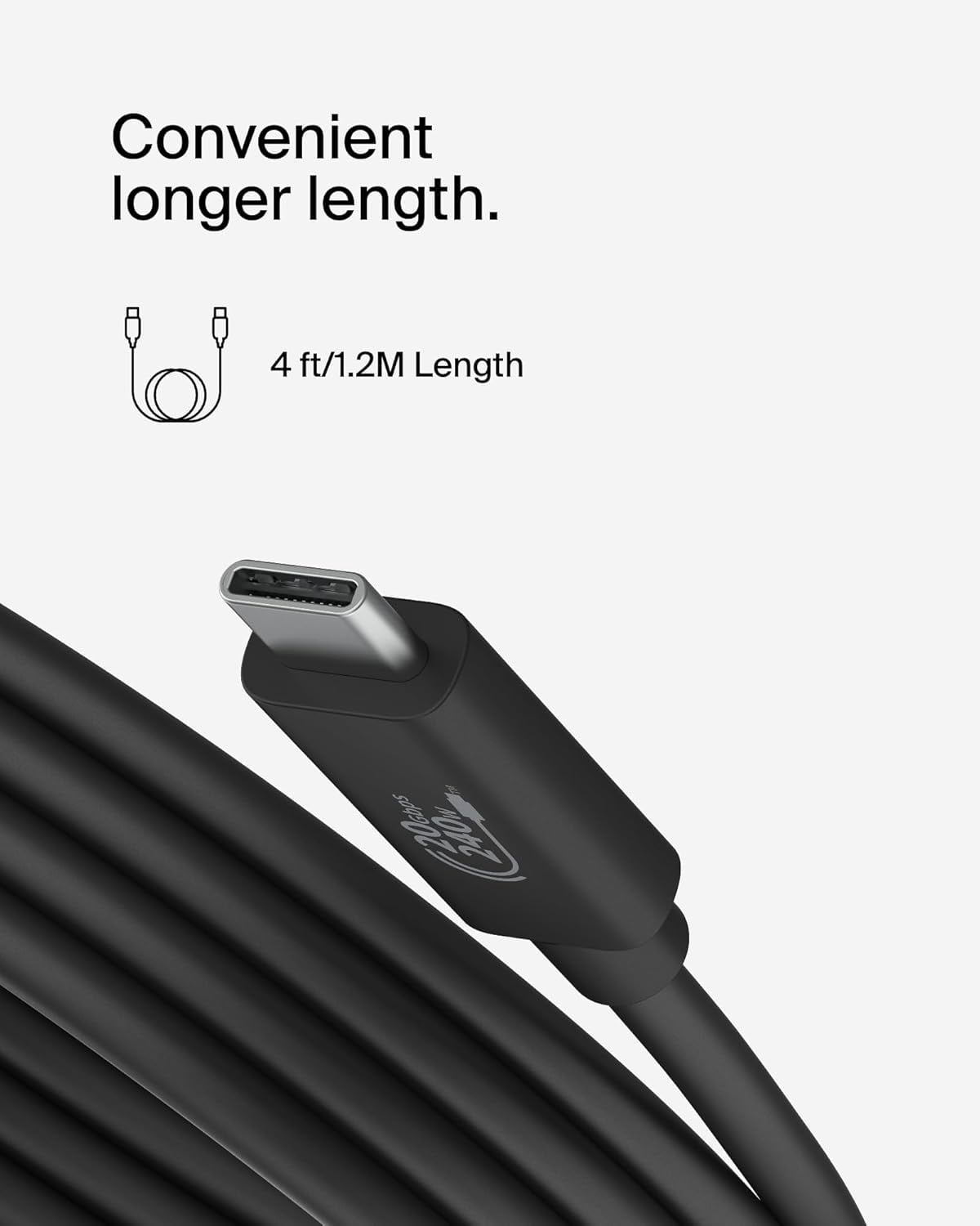 Belkin Connect USB4 Cable (4ft/1.2M Power Cable), USB-C to USB-C Cable w/ 240W Power Delivery + 20Gbps - USB4 Compliant Power Cable, Compatible with MacBook, Windows, Chromebook, & More