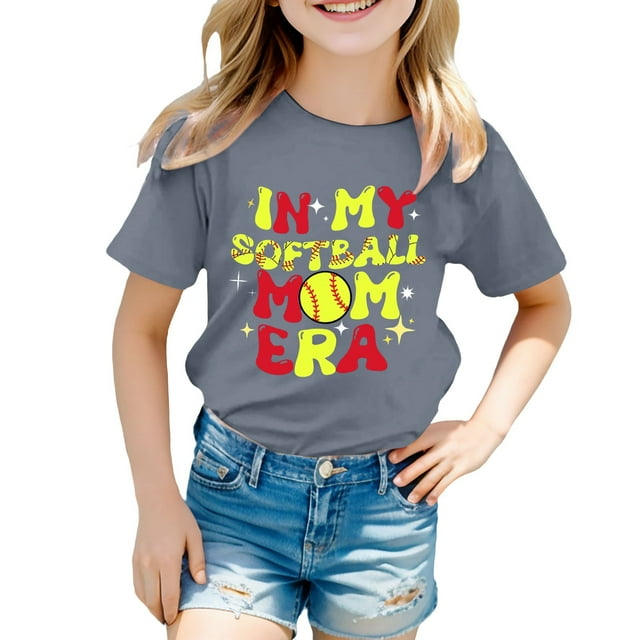NINGMENG Hauts et T-Shirts pour Filles, Été, Fête des Mères, Imprimé Lettre, Col Rond, Manches Courtes, Ample, Décontracté, Gris, 8-9 Ans