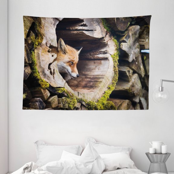 Animal Decor Tapestry, True Fox Vulpes inside Wood Log Holes Exotic Furry Creature Wildlife Creature Design, Wall Hanging for Bedroom Living Room Dorm Decor, 80W X 60L Inches, Tan, by Ambesonne