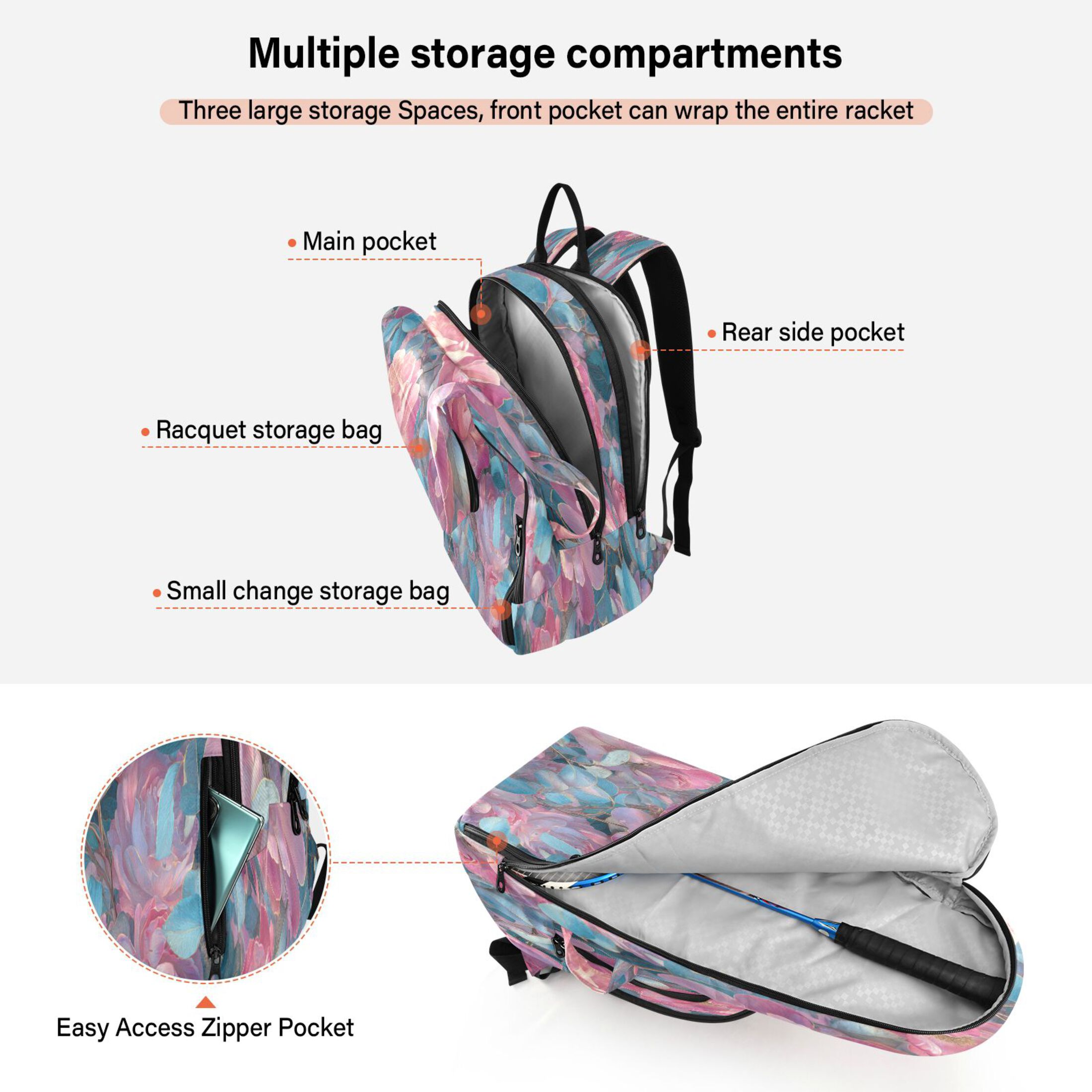2 Racquet Holder Tennis Backpack Tennis Racket Covers Gym Bags Pink Roses and Blue Leaves