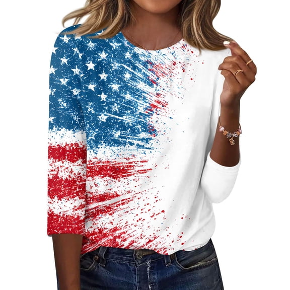 KDDYLITQ Independence Day Shirts Womens Usa Star Stripes Crew Neck Tees Usa Flag 3/4 Sleeve Lightweight Clothes Birthday Athletic Tops Sky Blue S