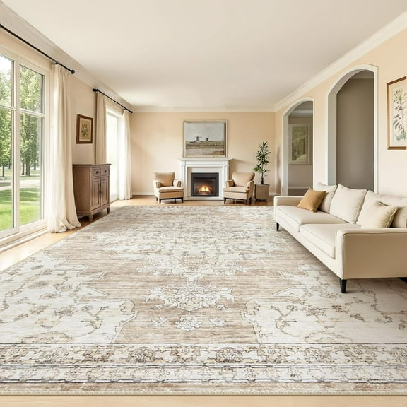 10x14 Area Rugs Washable Rug: Lagre Vintage Living Room Rugs with Non-Slip Backing Low Pile Rug Soft Indoor Floor Carpet Non Shedding Neutral Carpet for Bedroom Dining Room Farmhouse Nursery Beige