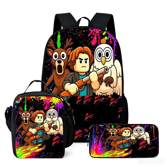 99 Nights In The Forest School Bookbag, 3 PCS Lightweight Backpack with Lunch Box Case, Back to School Supplies High Capacity Travel Daypack Durable Zipper Casual Bag for Teens Students #H