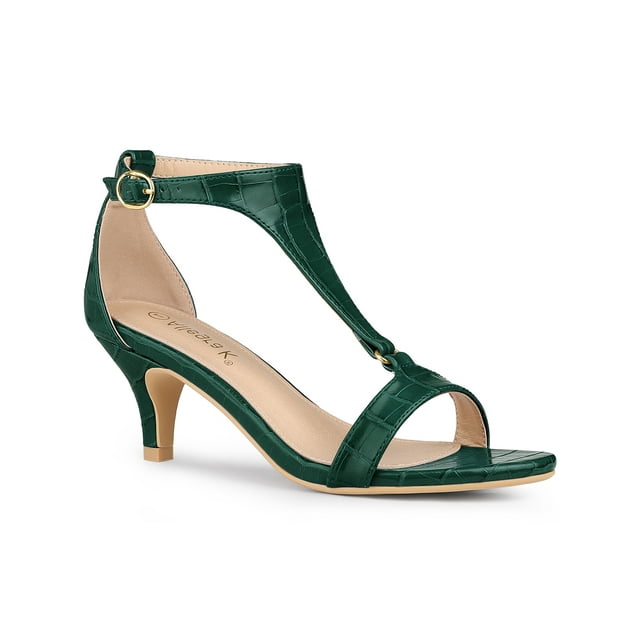 BLISSFUL STEP Women's Shoes T-Strap Embossed Kitten Heel Buckle Closure Open Toe Dress Sandals Dark Green 6