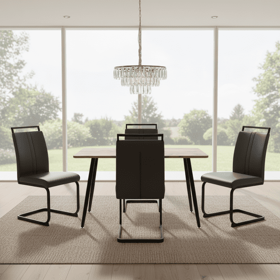 47" Modern minimalist MDF wood color dining table and PU Armless Dining Chair for 4,black metal legs, small sized dining table, office desk, kitchen table, for 4- 6 Seat.Suitable for home & kitchen